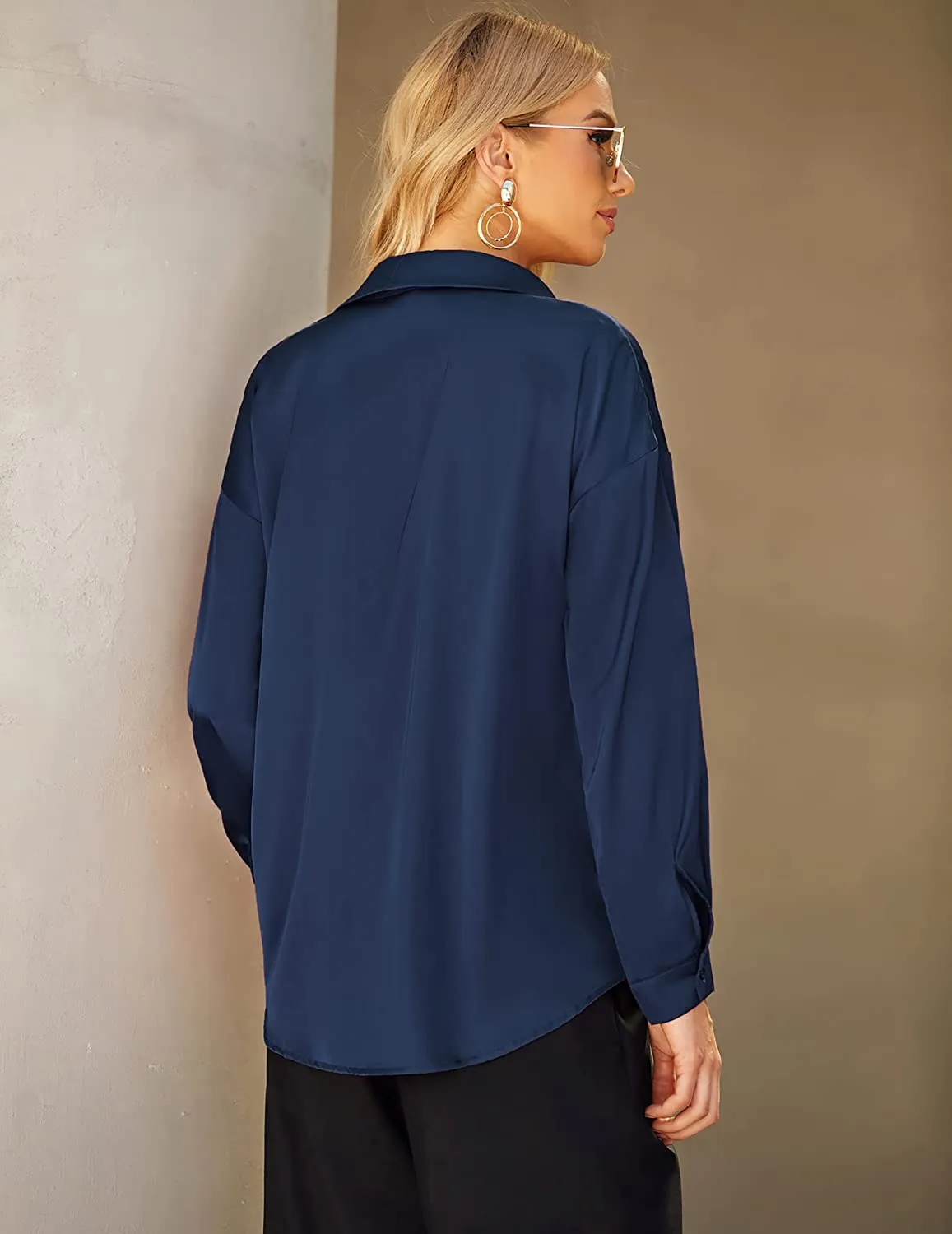 Satin Silk Navy Blue Button Down Long Sleeve Blouse