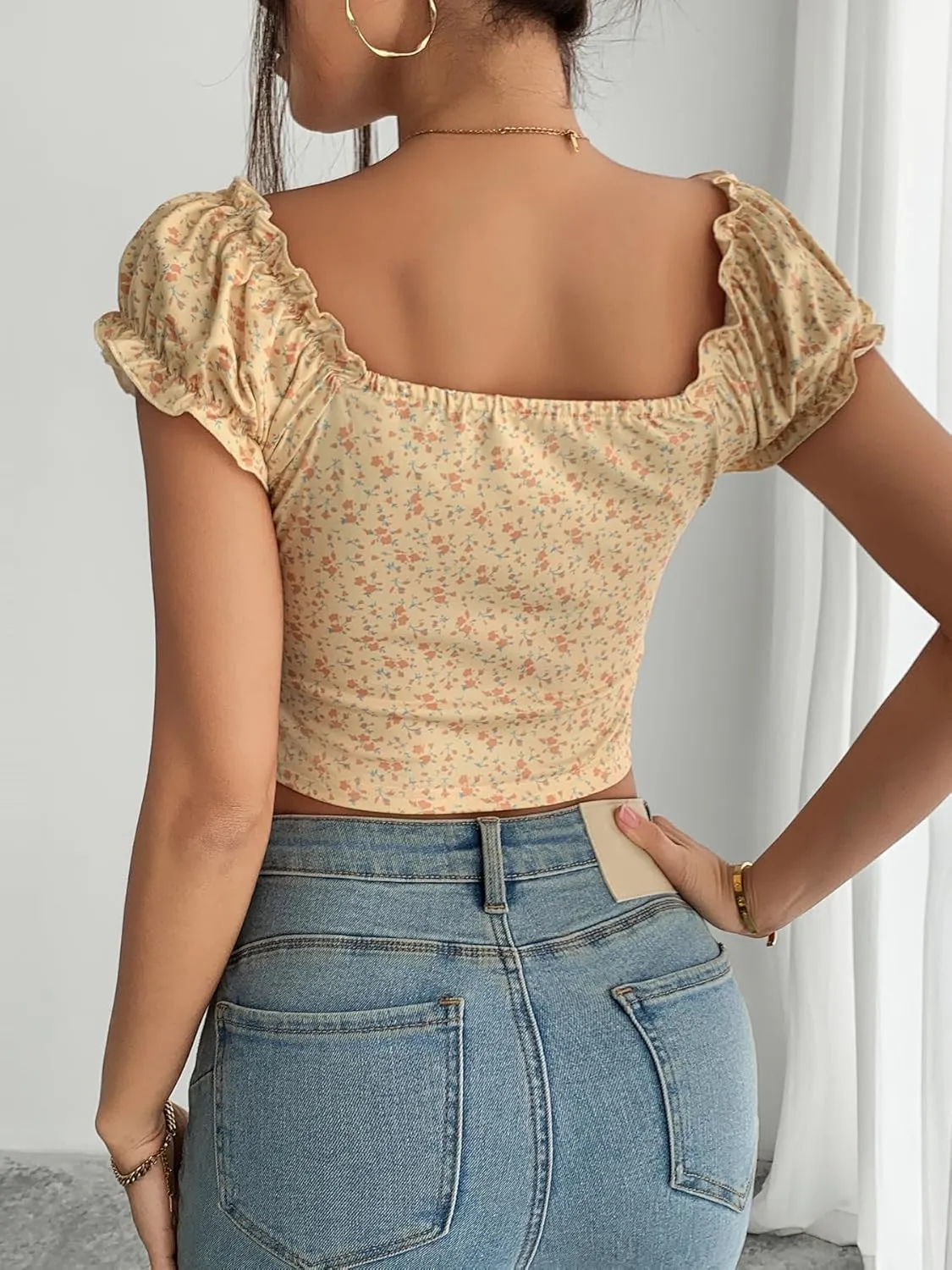 Smocked Crop Top for Women's Slim Fit Floral Peasant Blouse