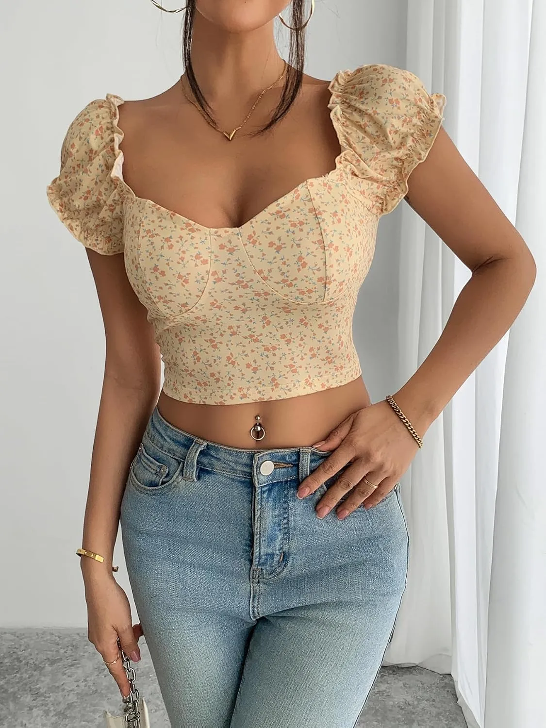 Smocked Crop Top for Women's Slim Fit Floral Peasant Blouse
