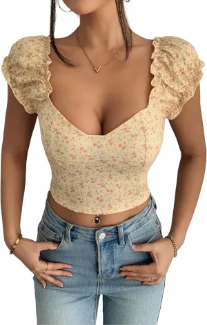 Smocked Crop Top for Women's Slim Fit Floral Peasant Blouse