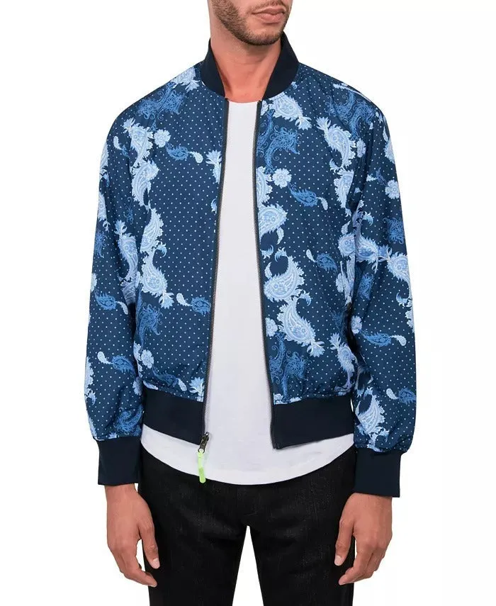 Society of Threads Mens Paisley Reversible Bomber Jacket Coat Navy Blue Large