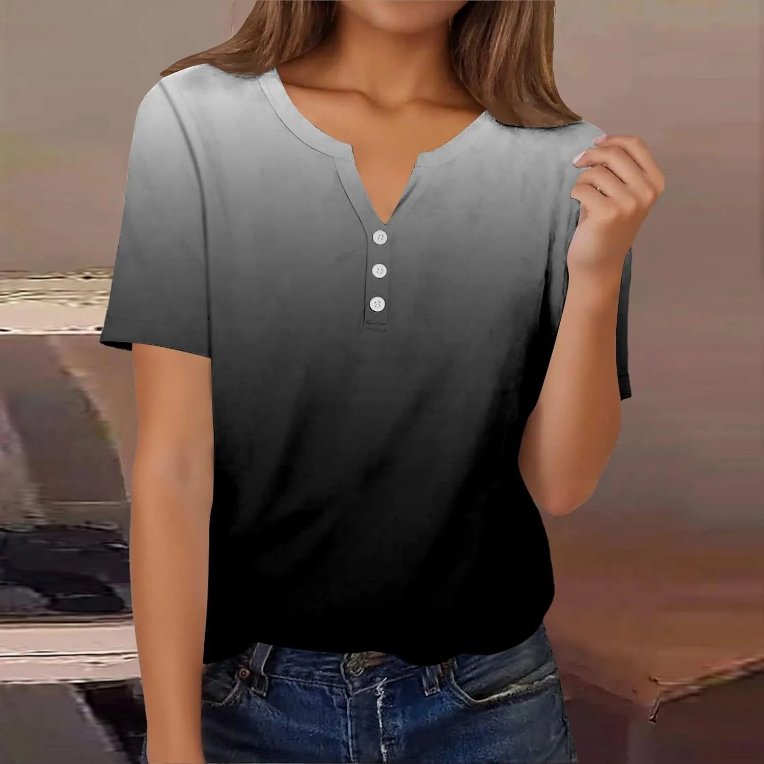 Summer Graphic Tees for Women Short Sleeve Fashion Tops Henley V Neck T Shirts Loose Fit Vacation Tshirt Casual Blouse