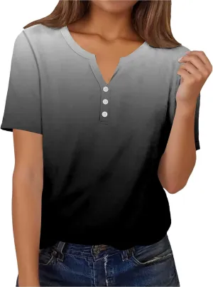 Summer Graphic Tees for Women Short Sleeve Fashion Tops Henley V Neck T Shirts Loose Fit Vacation Tshirt Casual Blouse