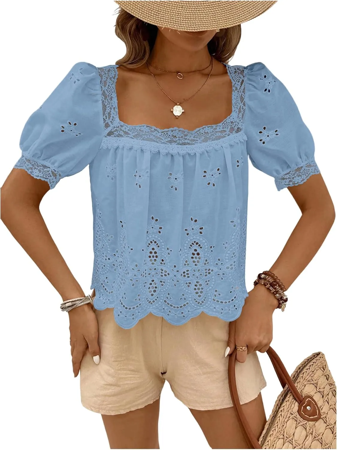 SweatyRocks Women's Square Neck Puff Sleeve Eyelet Lace Hollow Out Embroidered Top Blouse