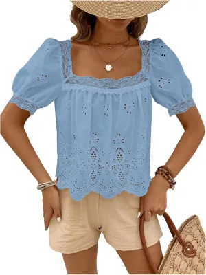 SweatyRocks Women's Square Neck Puff Sleeve Eyelet Lace Hollow Out Embroidered Top Blouse