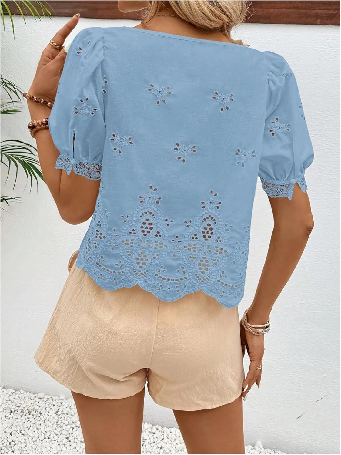 SweatyRocks Women's Square Neck Puff Sleeve Eyelet Lace Hollow Out Embroidered Top Blouse