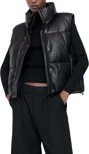 UANEO Womens PU Leather Cropped Puffer Vest Winter Faux Leather Zip Up Sleeveless Jacket