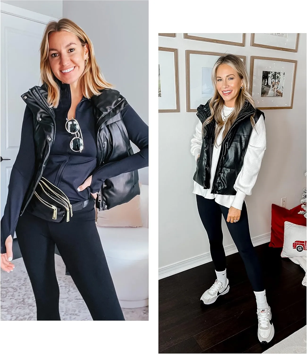 UANEO Womens PU Leather Cropped Puffer Vest Winter Faux Leather Zip Up Sleeveless Jacket