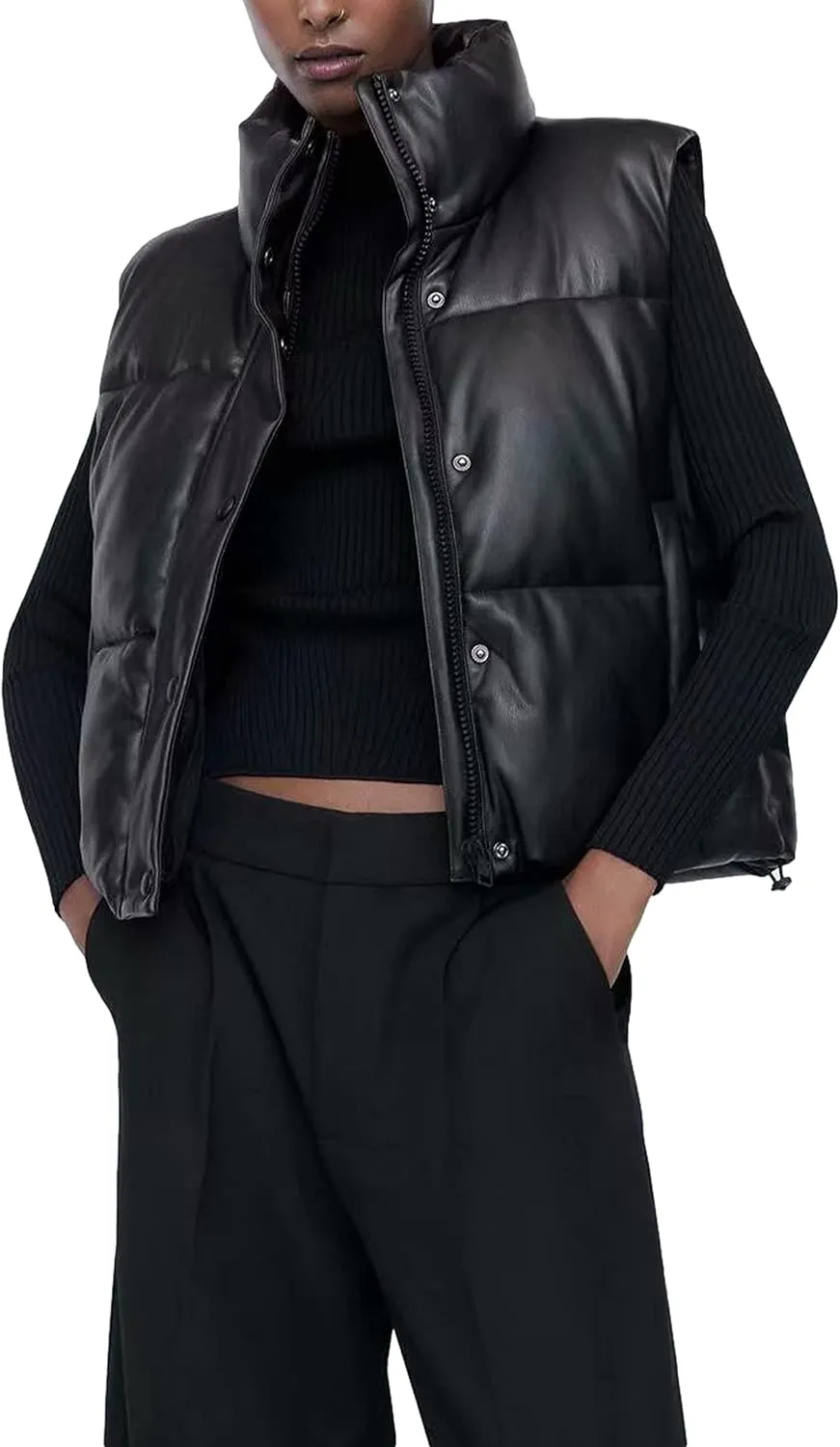 UANEO Womens PU Leather Cropped Puffer Vest Winter Faux Leather Zip Up Sleeveless Jacket
