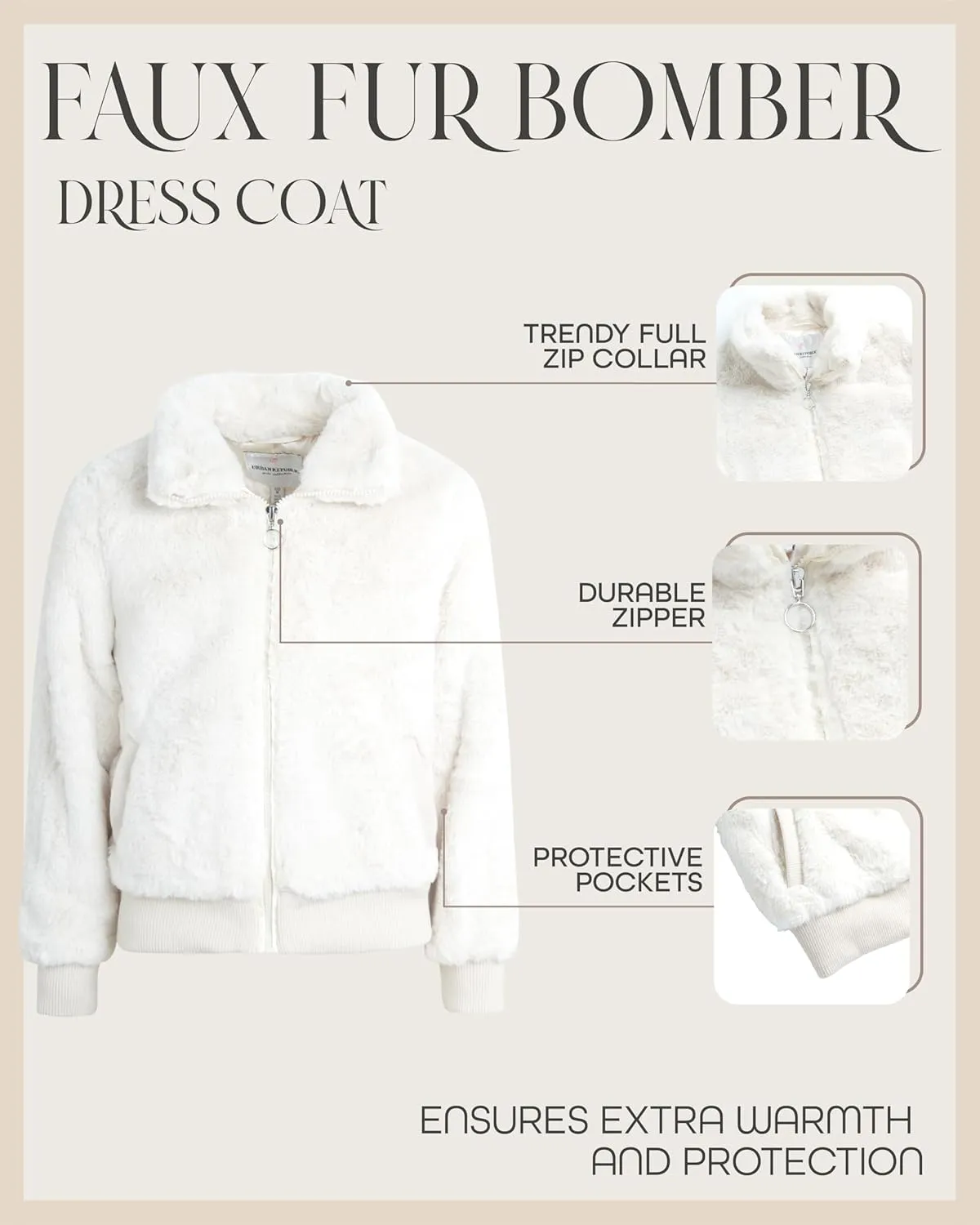 URBAN REPUBLIC Girls' Winter Coat - Zip Up Warm Plush Faux Fur Teddy Dress Coat and Bomber Jacket for Girls (Sizes: 4-16)