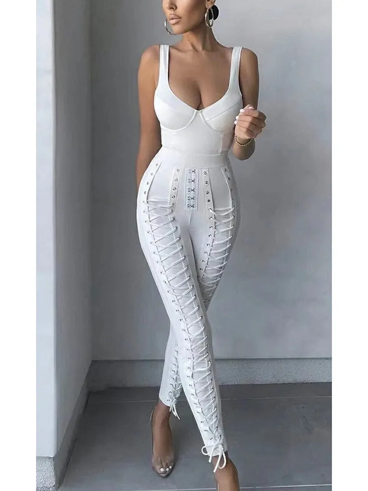 V-Neck Lace Up Pants Bandage Style Jumpsuit
