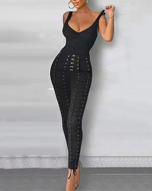 V-Neck Lace Up Pants Bandage Style Jumpsuit