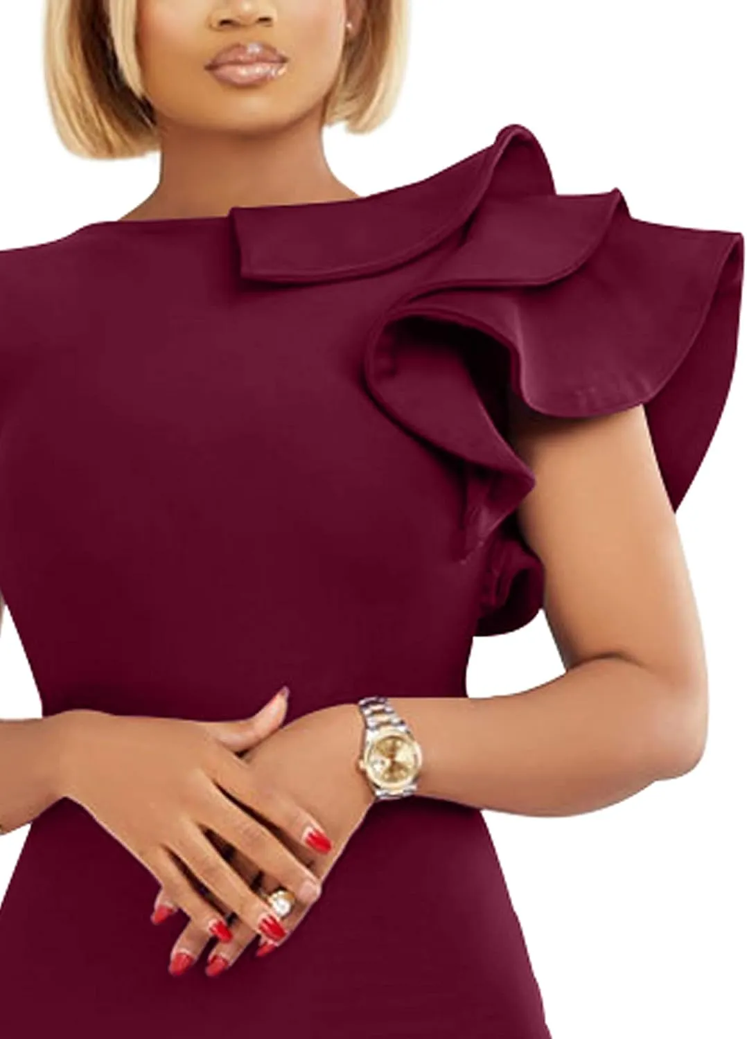 VASAUGE Women's Elegant Formal Bodycon Ruffle Sleeveless Midi Cocktail Party Dress
