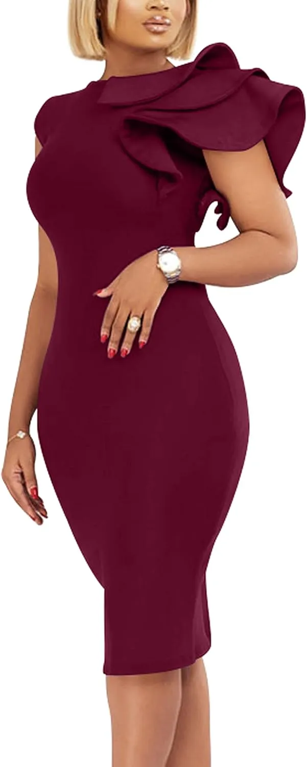 VASAUGE Women's Elegant Formal Bodycon Ruffle Sleeveless Midi Cocktail Party Dress
