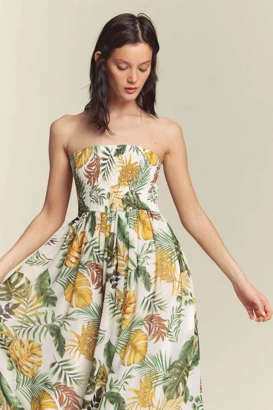 White Combo Leaf Print Smocked Tube Wide Leg Jumpsuit