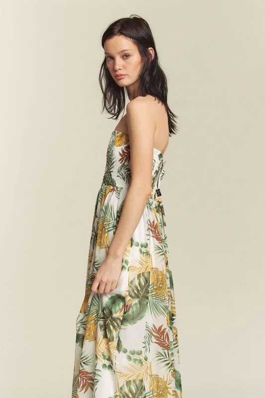 White Combo Leaf Print Smocked Tube Wide Leg Jumpsuit