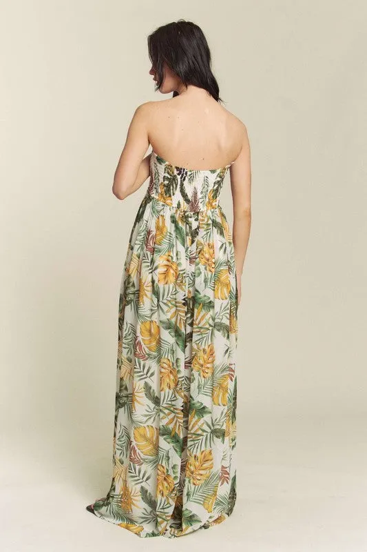 White Combo Leaf Print Smocked Tube Wide Leg Jumpsuit
