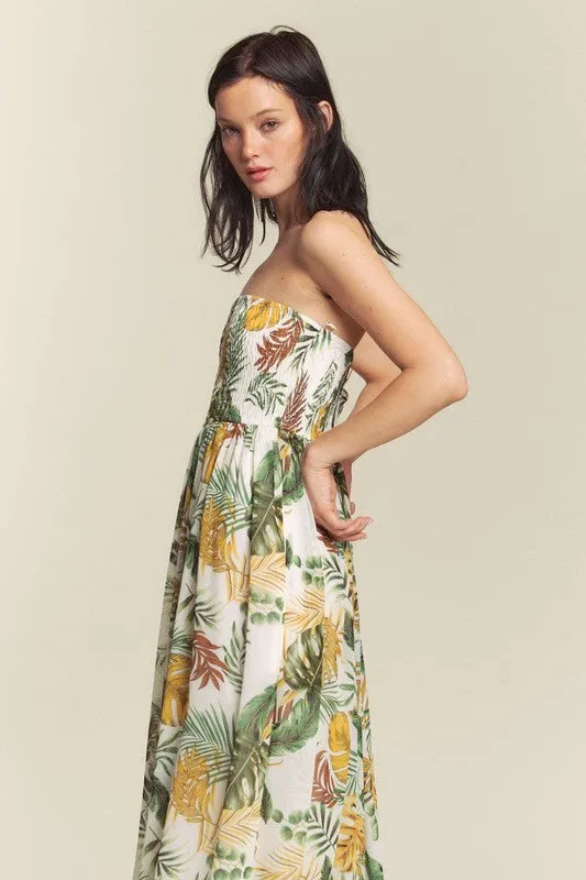 White Combo Leaf Print Smocked Tube Wide Leg Jumpsuit