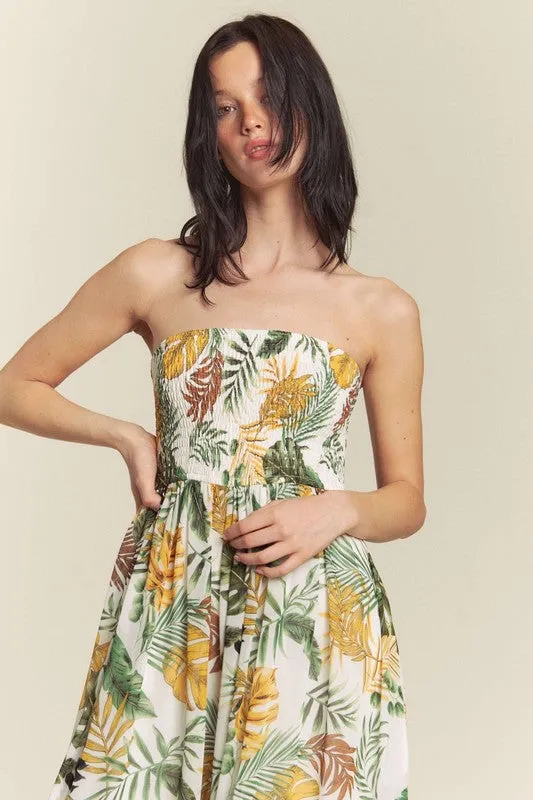 White Combo Leaf Print Smocked Tube Wide Leg Jumpsuit