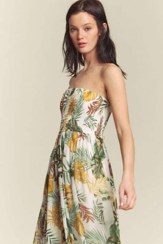 White Combo Leaf Print Smocked Tube Wide Leg Jumpsuit