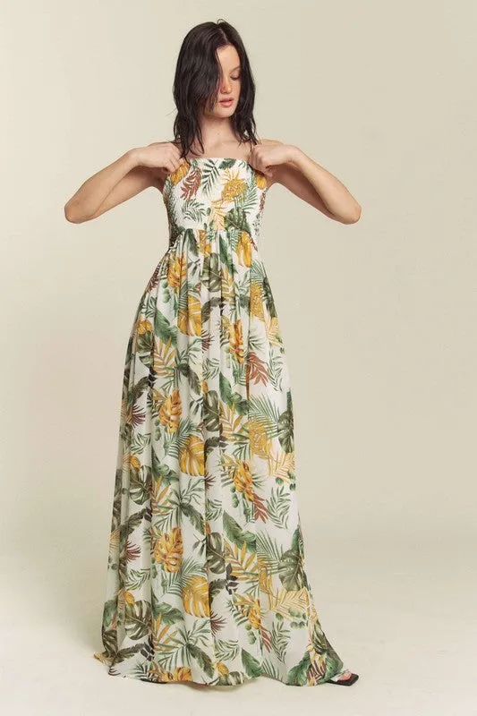 White Combo Leaf Print Smocked Tube Wide Leg Jumpsuit