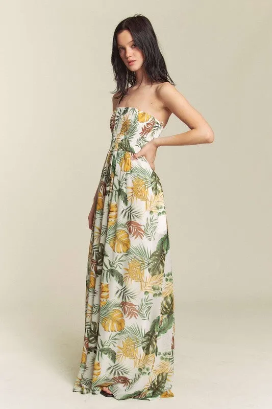 White Combo Leaf Print Smocked Tube Wide Leg Jumpsuit