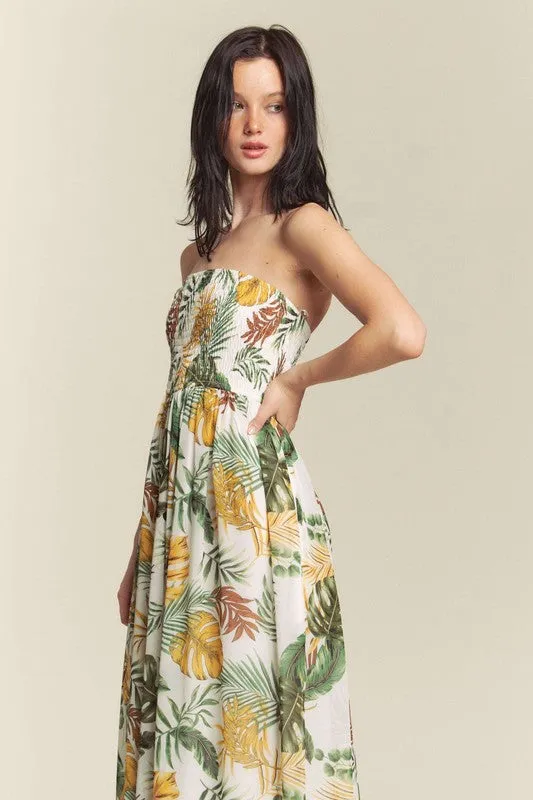 White Combo Leaf Print Smocked Tube Wide Leg Jumpsuit