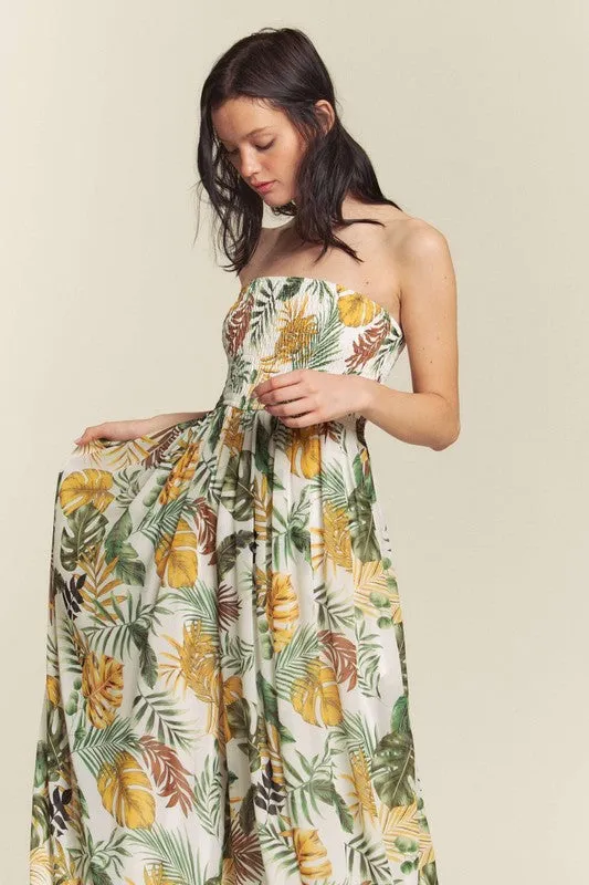 White Combo Leaf Print Smocked Tube Wide Leg Jumpsuit
