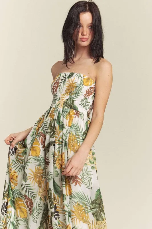 White Combo Leaf Print Smocked Tube Wide Leg Jumpsuit