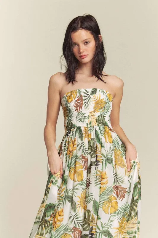 White Combo Leaf Print Smocked Tube Wide Leg Jumpsuit