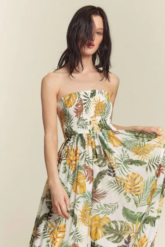 White Combo Leaf Print Smocked Tube Wide Leg Jumpsuit