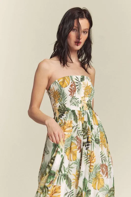 White Combo Leaf Print Smocked Tube Wide Leg Jumpsuit