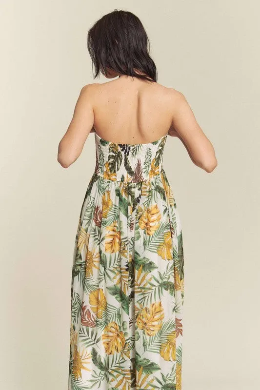 White Combo Leaf Print Smocked Tube Wide Leg Jumpsuit