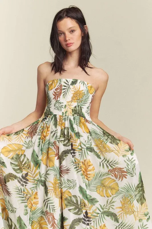 White Combo Leaf Print Smocked Tube Wide Leg Jumpsuit