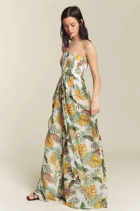 White Combo Leaf Print Smocked Tube Wide Leg Jumpsuit