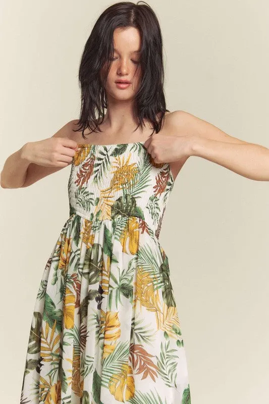 White Combo Leaf Print Smocked Tube Wide Leg Jumpsuit