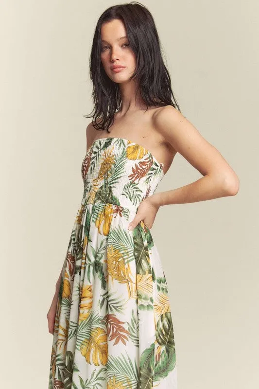 White Combo Leaf Print Smocked Tube Wide Leg Jumpsuit
