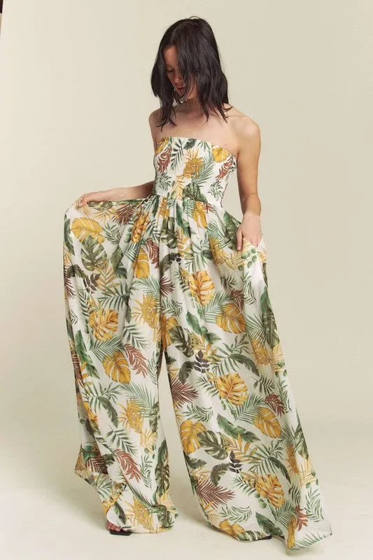 White Combo Leaf Print Smocked Tube Wide Leg Jumpsuit
