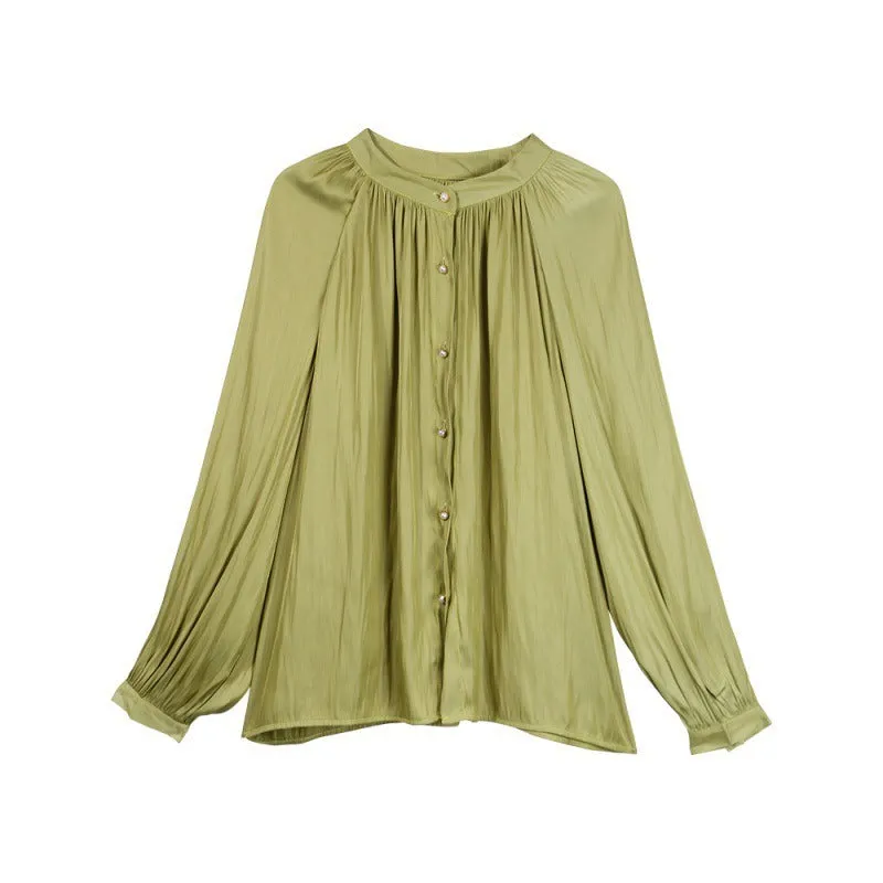 Woman French Style White Silky Satin Vintage Palace Style Shirt