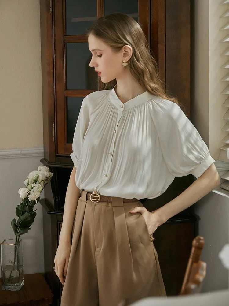 Woman French Style White Silky Satin Vintage Palace Style Shirt