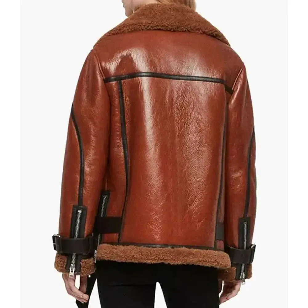 Women Brown B3 Shearling Biker Leather Jacket
