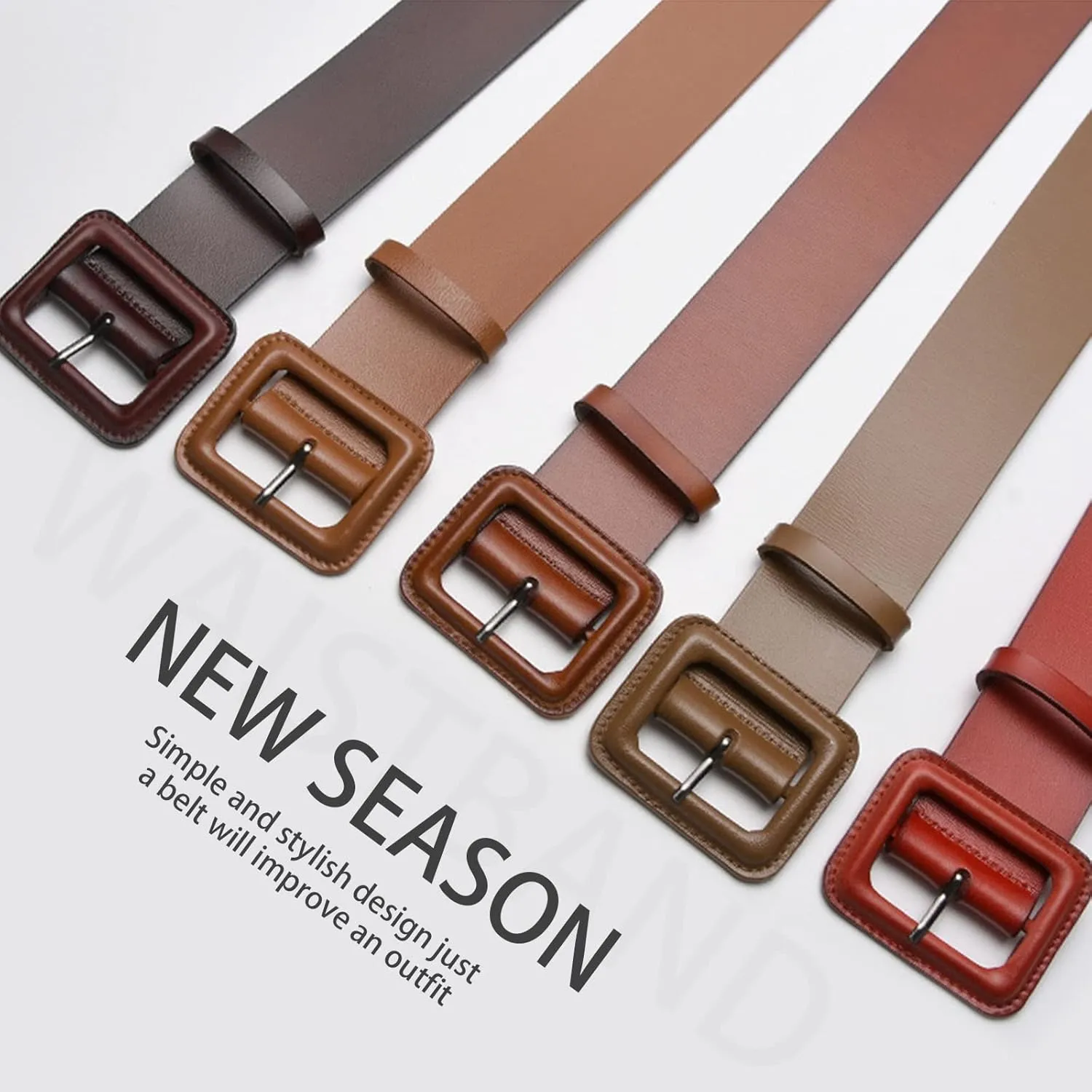 Women Wide Leather Belt Classic Solid Color Large Square Buckle Retro Cinch Belt High Waist Belt For Dress Overcoat