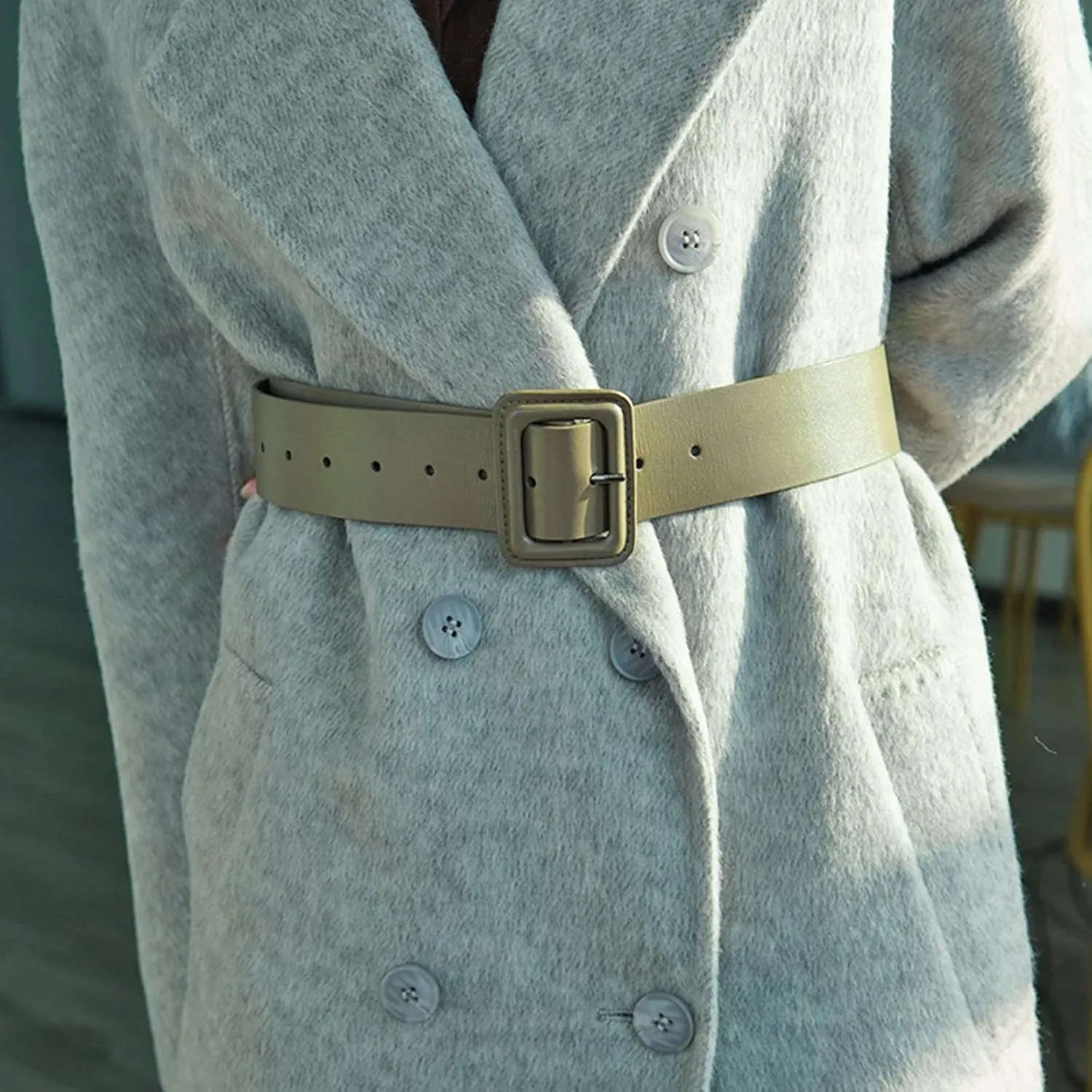 Women Wide Leather Belt Classic Solid Color Large Square Buckle Retro Cinch Belt High Waist Belt For Dress Overcoat