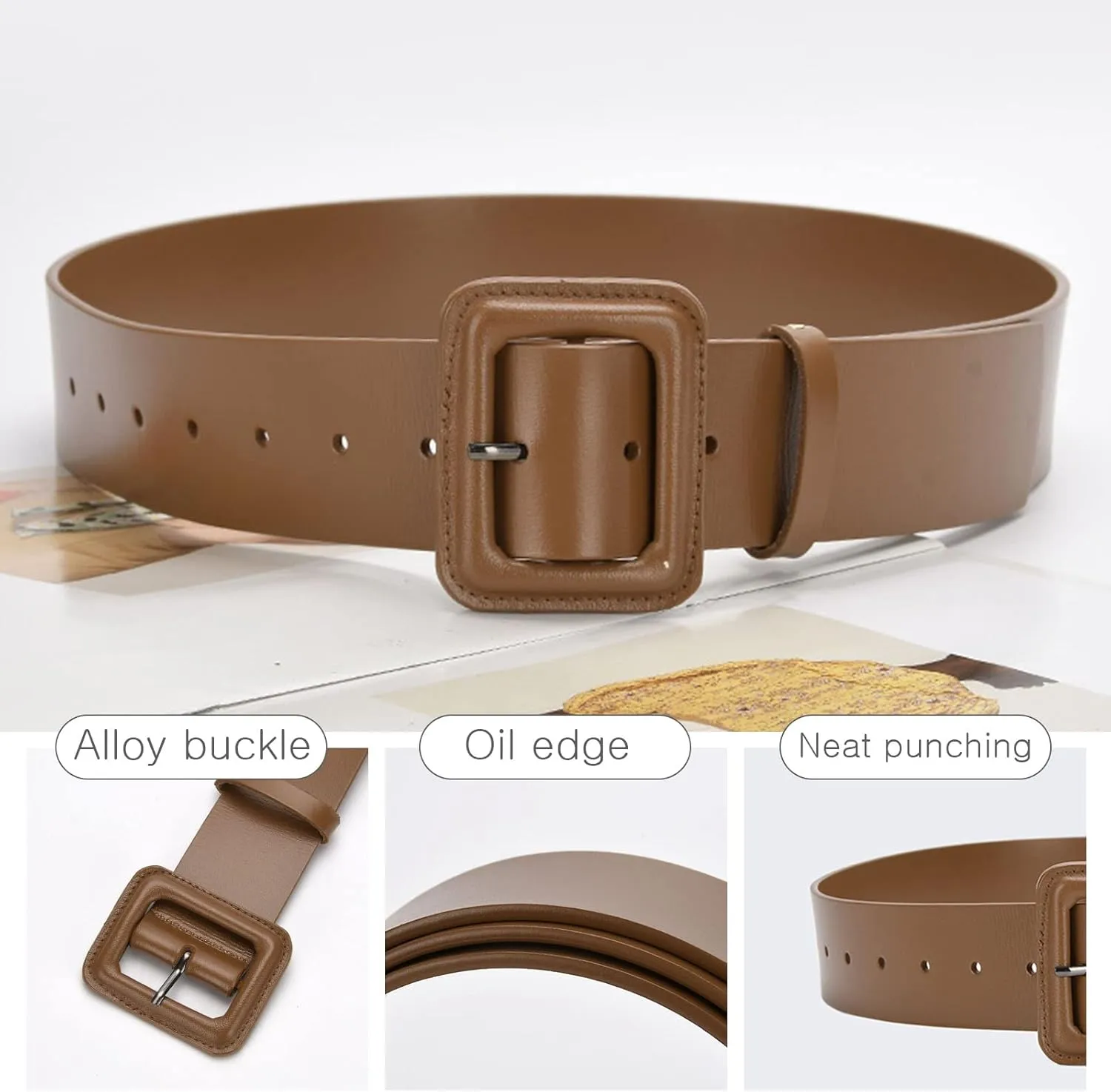 Women Wide Leather Belt Classic Solid Color Large Square Buckle Retro Cinch Belt High Waist Belt For Dress Overcoat