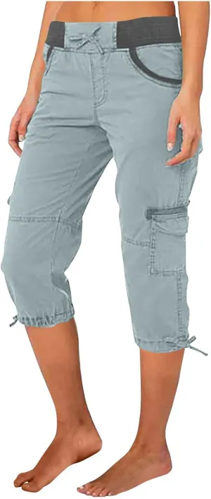 Women's Cargo Capris Summer 2025 Dressy Casual Elastic Hiking Pants Outdoor Cuffed Hem Capris with Pockets 2025 New