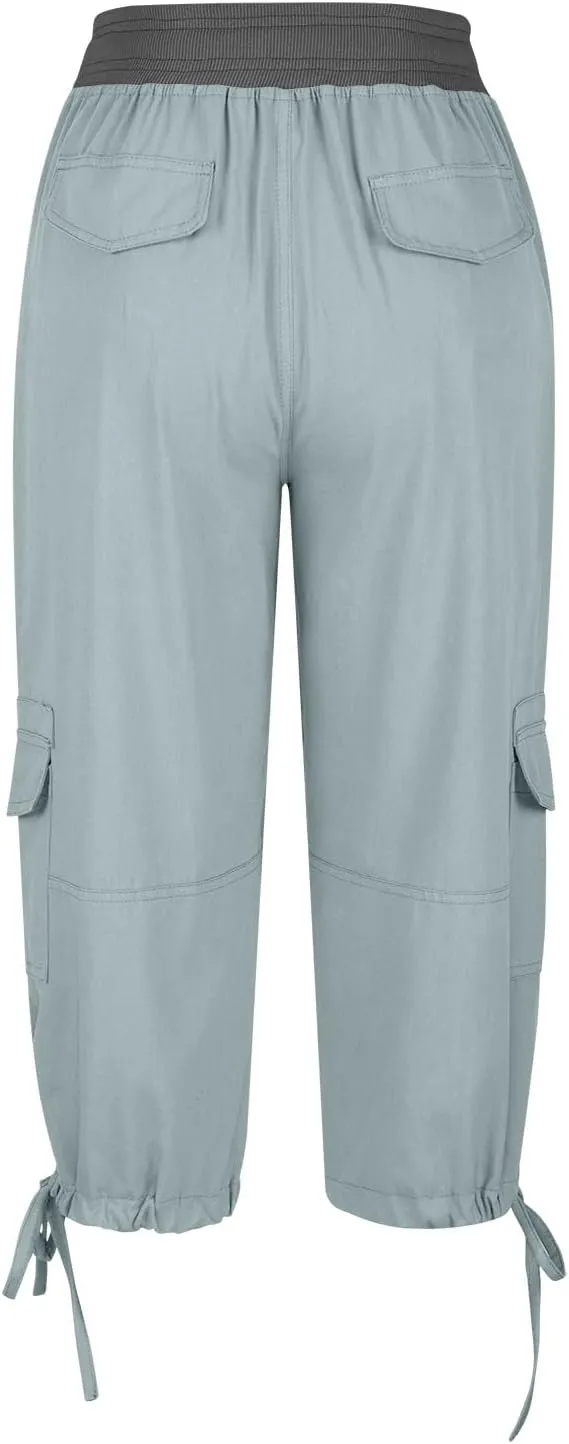 Women's Cargo Capris Summer 2025 Dressy Casual Elastic Hiking Pants Outdoor Cuffed Hem Capris with Pockets 2025 New