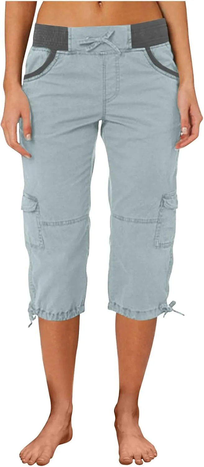 Women's Cargo Capris Summer 2025 Dressy Casual Elastic Hiking Pants Outdoor Cuffed Hem Capris with Pockets 2025 New