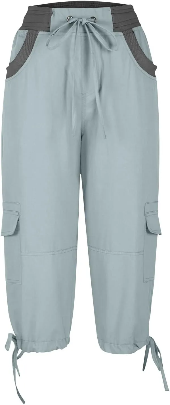 Women's Cargo Capris Summer 2025 Dressy Casual Elastic Hiking Pants Outdoor Cuffed Hem Capris with Pockets 2025 New