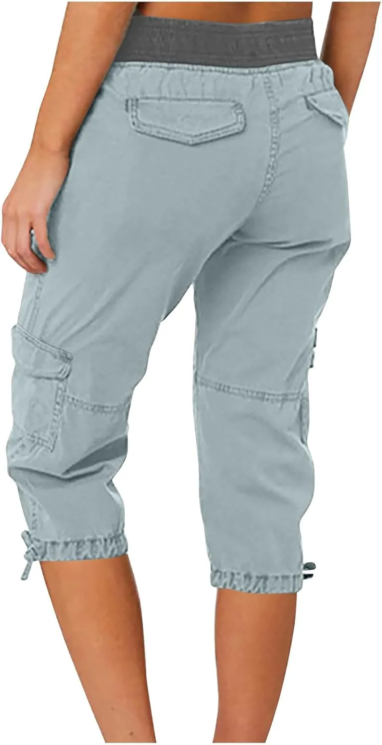 Women's Cargo Capris Summer 2025 Dressy Casual Elastic Hiking Pants Outdoor Cuffed Hem Capris with Pockets 2025 New