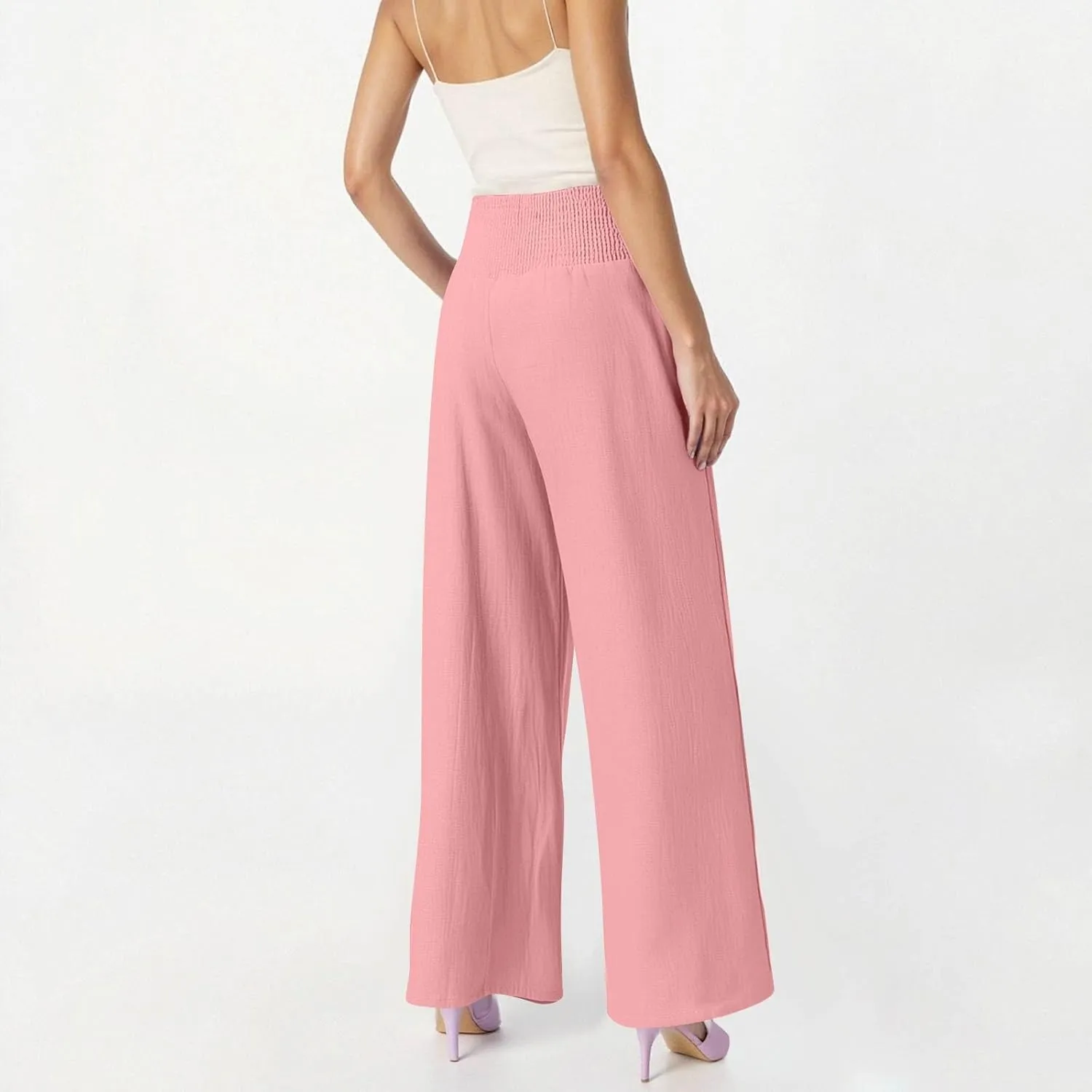 Women's Casual Straight Leg Solid Color High Waist Pocket Dressy Loose Fit Fashion Pants